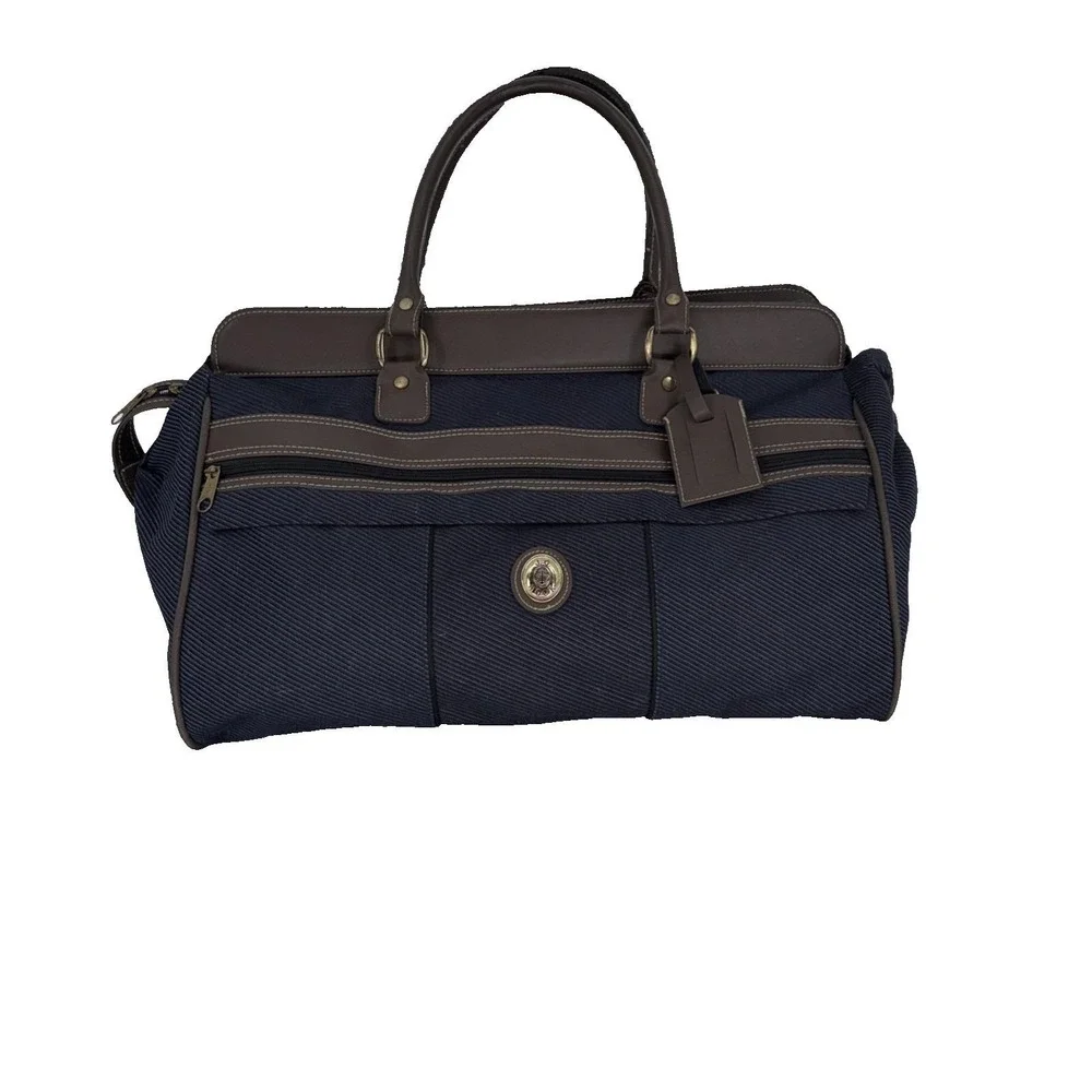 Vintage JG Hook Weekender Travel Bag Duffle Navy Blue Striped Canvas Preppy 90s